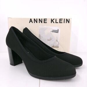 Anne Klein Castana Black Stretch Slip On Pumps Block Heel Womens Size 9.5 M